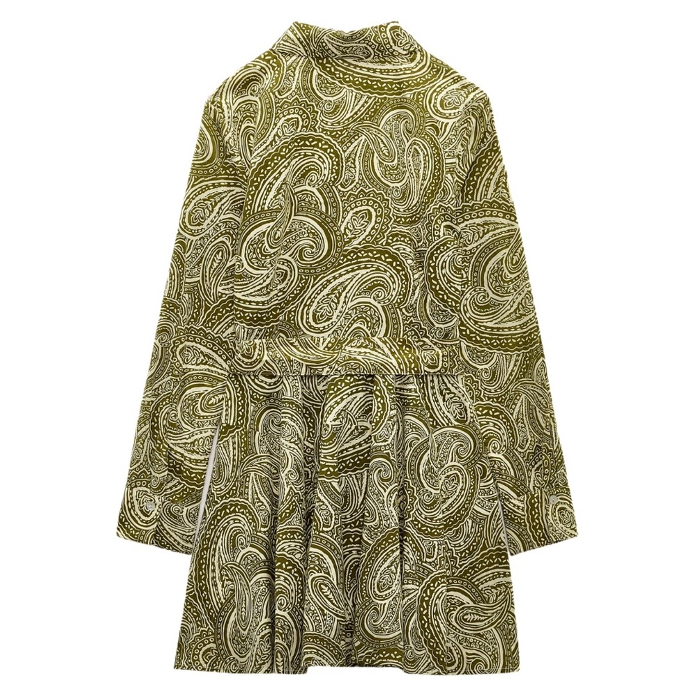 NWT Zara green & white paisley print belted mini dress - collard button front - Picture 5 of 7